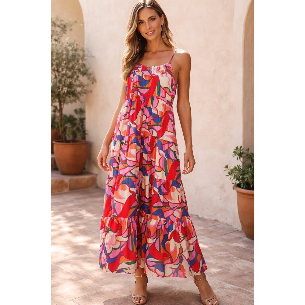 NWT Lida Kate Abstract Psychedelic Tiered Maxi Dress‎ in Pink Multi Color Large